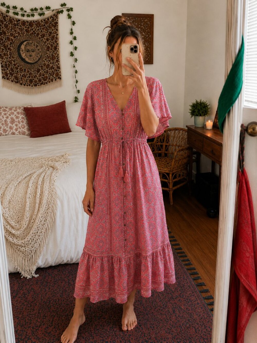 Boemo Boho Maxi Dress Pink Paisley Adjustable Waist Size Large